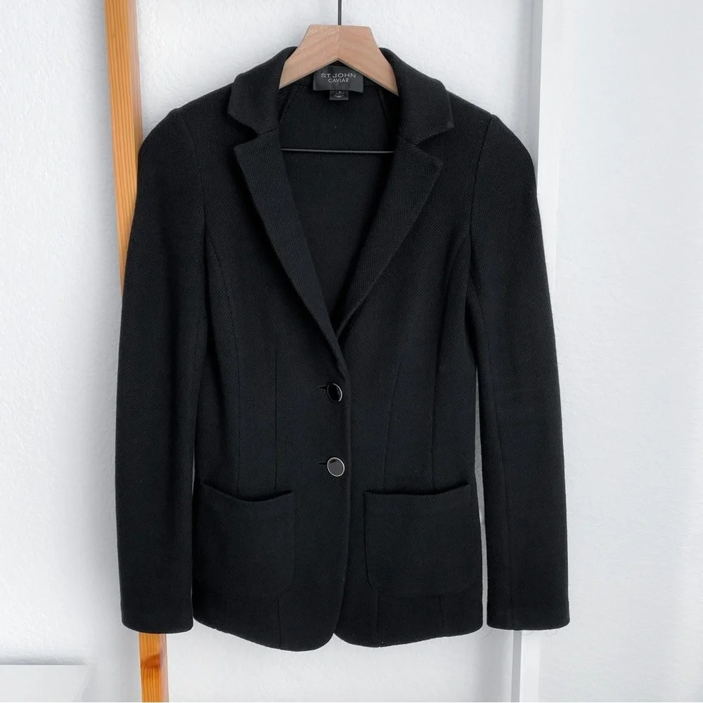 St. John Caviar Blazer Jacket Black Wool Rayon Two Button Slip Pockets 2